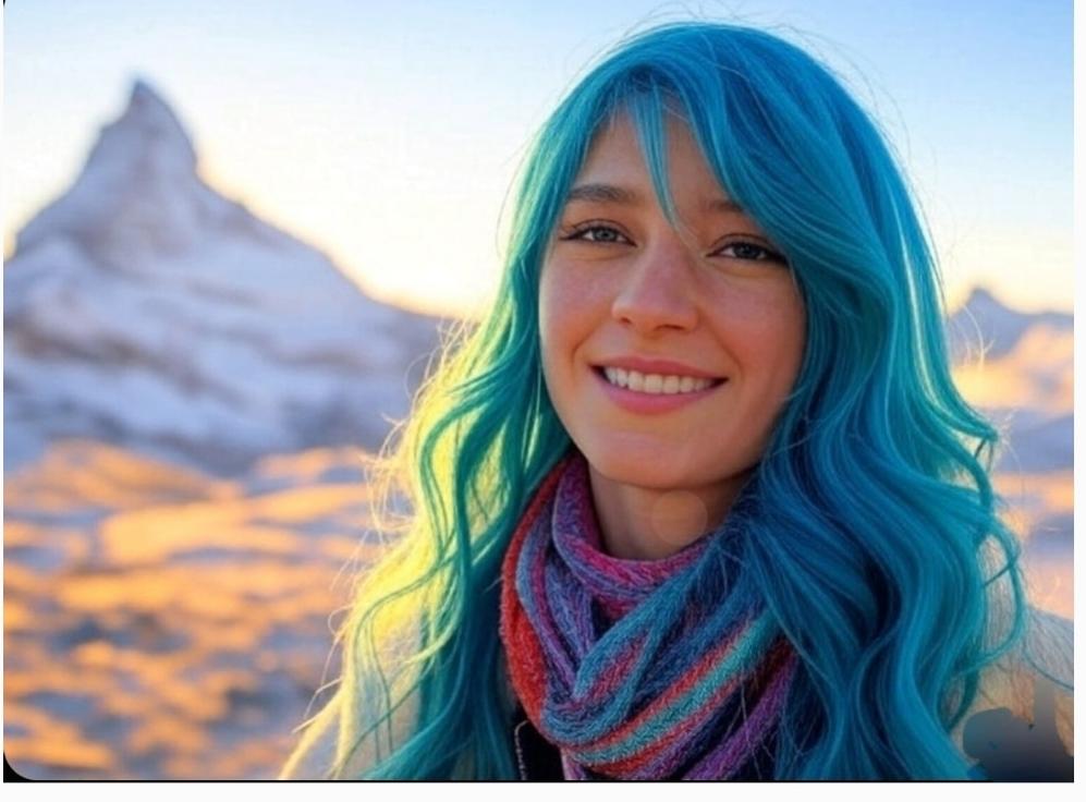 Person mit blauen Haaren vor Matterhorn