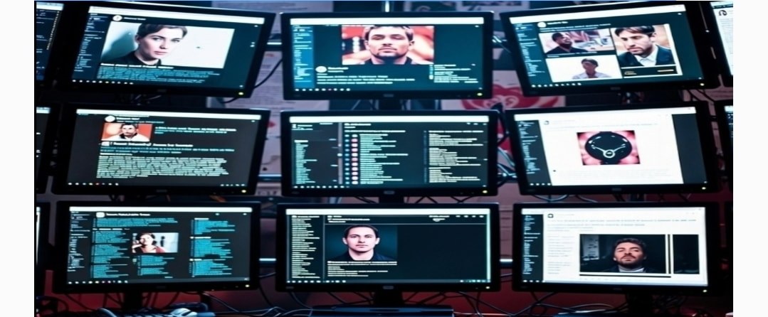 Wand aus Monitoren mit Social-Media-Profilen