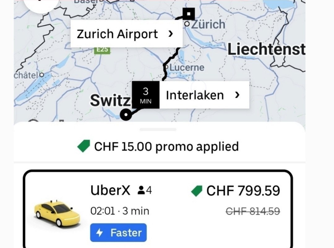 Uber App Screenshot Zuerich Airport nach Interlaken