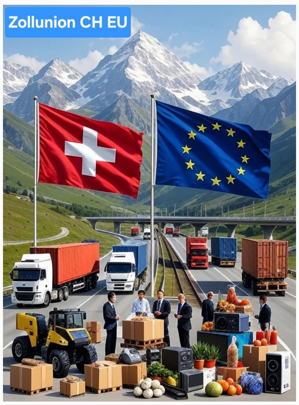 Schweizer und EU Flagge, Gueterverkehr